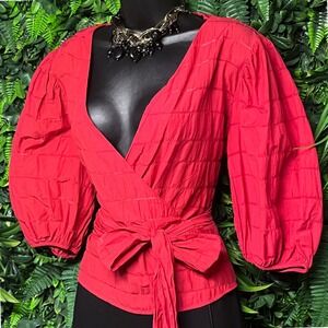 H&M Top Women Size 10 Red‎ Textured Wrap Tie Front Puff Sleeve Blouse 3431